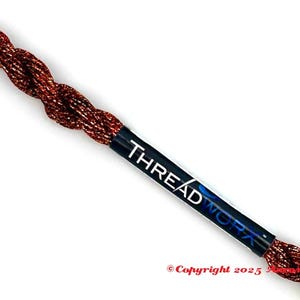 May include: A spool of metallic thread in shades of copper and bronze. The thread is twisted and has a shiny, reflective quality. The label reads "THREAD WORK" in white text on a black and blue background. Copyright 2025.