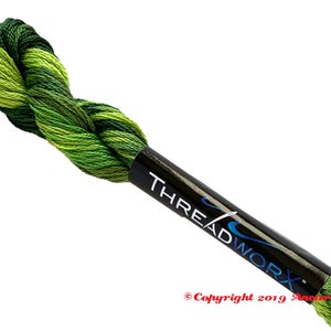 ThreadworX 1047 Variegated Embroidery Floss Tropical Green thread has a repeating gradient of tropical greens and is used for cross stitch, embroidery, needlepoint, making friendship bracelets, and other crafts.