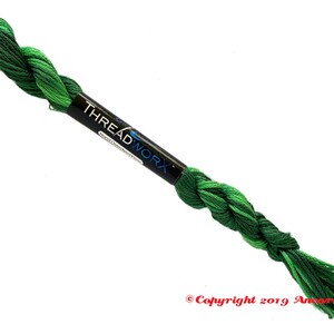 ThreadworX 11611 Variegated Embroidery Floss Tropical thread has a repeating gradient of stunning tropical and forest greens and is used for cross stitch, embroidery, needlepoint, making friendship bracelets, and other crafts.