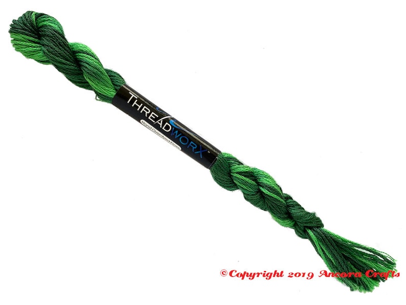 ThreadworX 11611 Variegated Embroidery Floss Tropical thread has a repeating gradient of stunning tropical and forest greens and is used for cross stitch, embroidery, needlepoint, making friendship bracelets, and other crafts.