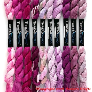 This purple pink collection of ten ThreadworX embroidery threads are a lovely spectrum of pink and purple pinks. These are used for cross stitch, embroidery, needlepoint, making friendship bracelets, and other crafts.