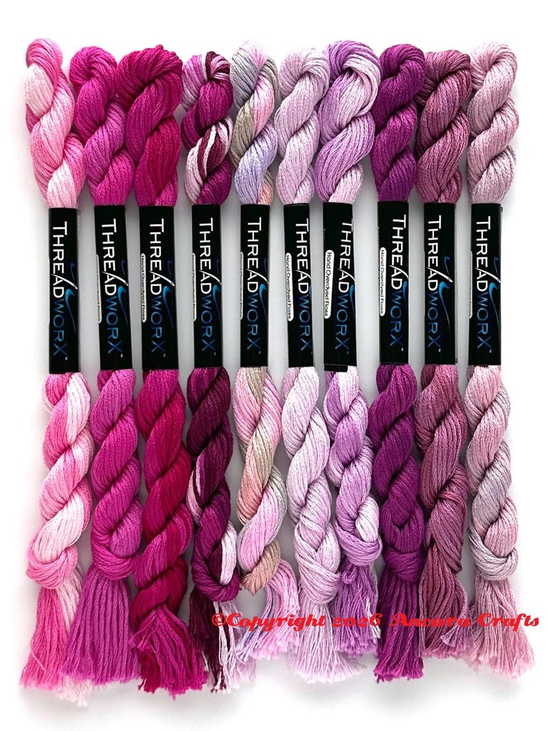 This purple pink collection of ten ThreadworX embroidery threads are a lovely spectrum of pink and purple pinks. These are used for cross stitch, embroidery, needlepoint, making friendship bracelets, and other crafts.