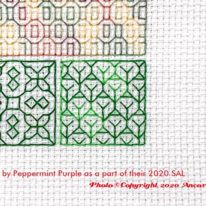 ThreadworX 11611 Variegated Embroidery Floss Tropical thread has a repeating gradient of stunning tropical and forest greens and is shown here stitched in a geometric blackwork embroidery pattern created by Peppermint Purple.