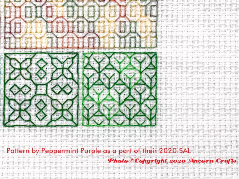 ThreadworX 11611 Variegated Embroidery Floss Tropical thread has a repeating gradient of stunning tropical and forest greens and is shown here stitched in a geometric blackwork embroidery pattern created by Peppermint Purple.