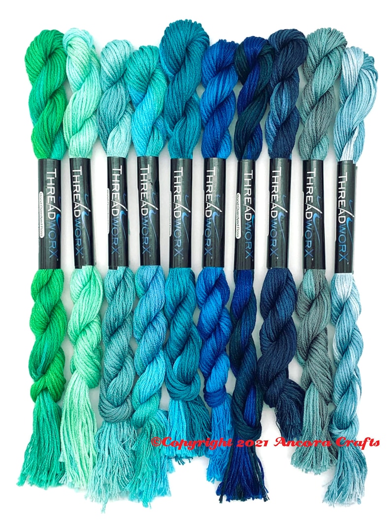 This Ocean Blue collection of ten ThreadworX embroidery threads are bright and deep repeating gradients in aquas, teals, and blues. These are used for cross stitch, embroidery, needlepoint, making friendship bracelets, and other crafts.