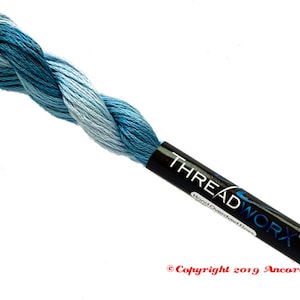 May include: A skein of blue and light blue hand-dyed embroidery floss with the label "THREADWORX Hand Overdyed Floss" and the copyright "Copyright 2019 Ancora Crafts".