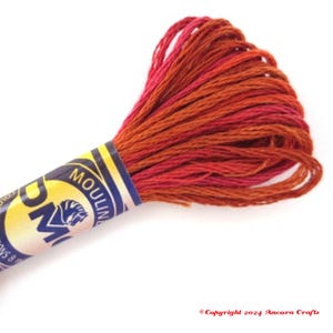 May include: A skein of DMC embroidery floss in shades of red and orange. The floss is wound around a blue and yellow cardboard spool with the DMC logo and the words "Mouliné" printed on it.