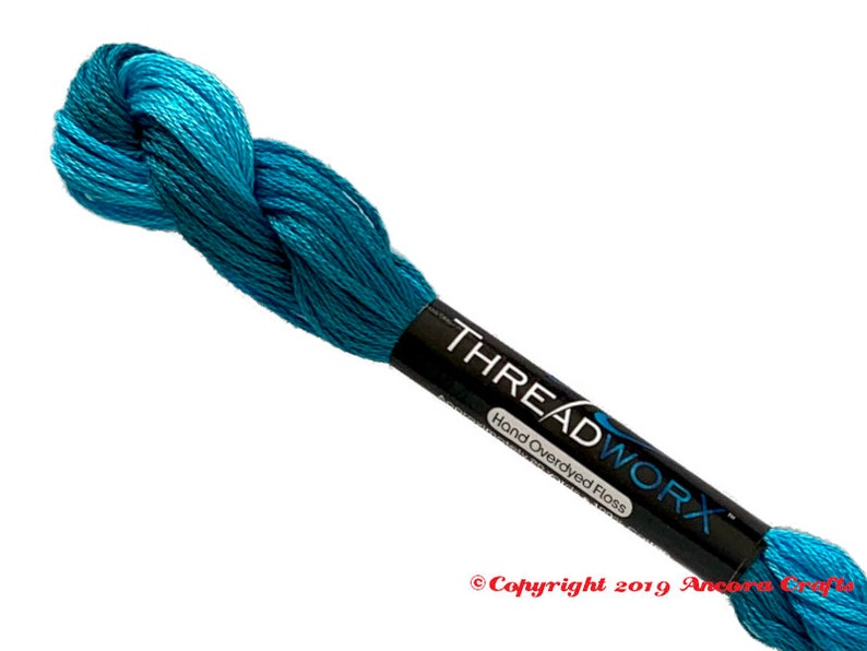 ThreadworX 11382 Variegated Embroidery Floss Blue Swirl thread has a repeating gradient of gorgeous deep water blues and is used for cross stitch, embroidery, needlepoint, making friendship bracelets, and other crafts.