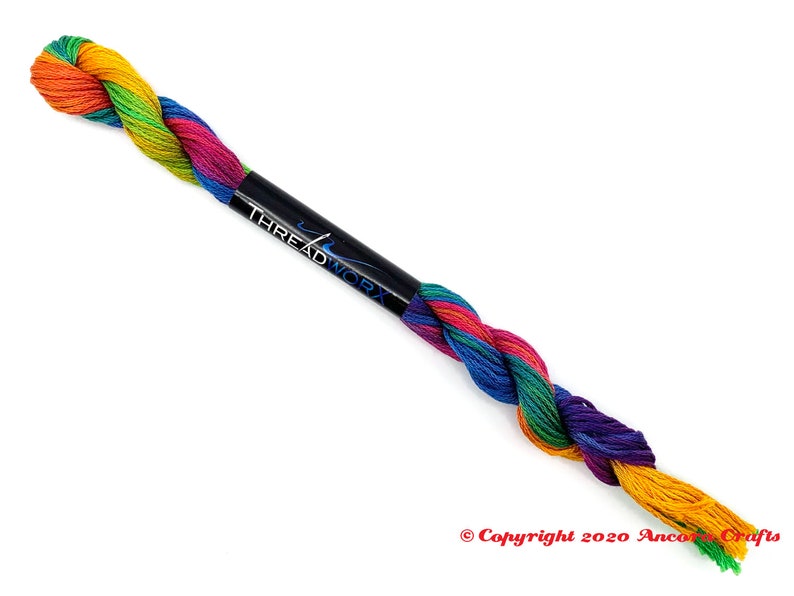 This ThreadworX 1154 rainbow embroidery floss is a gorgeous variegated blend of bright pink, orange, yellow, green, blue, and purple. This thread is used for cross stitch, embroidery, needlepoint, making friendship bracelets, and other crafts.