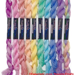 This Rainbow Pastel collection of ten ThreadworX embroidery threads are pastel colors that span the rainbow spectrum.  These are used for cross stitch, embroidery, needlepoint, making friendship bracelets, and other crafts.