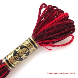 May include: DMC embroidery floss in shades of red and burgundy. The floss is wound on a spool with a gold label that reads "DMC Mouliné Special 25 8 m (8.7 yd)"