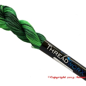 ThreadworX 11611 Variegated Embroidery Floss Tropical thread has a repeating gradient of stunning tropical and forest greens and is used for cross stitch, embroidery, needlepoint, making friendship bracelets, and other crafts.