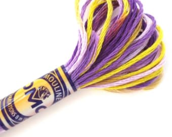 May include: A skein of DMC embroidery floss in shades of purple, yellow, and white. The floss is wound around a cardboard spool with the DMC logo and the words "Mouline" and "Variations 8" printed on it.
