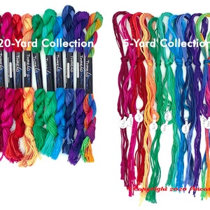 A 20 yard collection of ThreadworX threads is shown on the left while a 5 yard collection of threads is shown on the right. The 20 yard skeins have paper labels wrapped around the skeins while 5 yard skeins are separated from the 20 yard skein.
