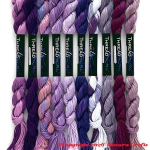 This collection of ten ThreadworX embroidery threads are bright and deep variegated purples with a few complimentary colors. These are used for cross stitch, embroidery, needlepoint, making friendship bracelets, and other crafts.