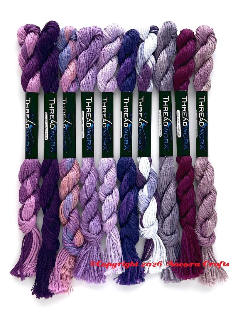 This collection of ten ThreadworX embroidery threads are bright and deep variegated purples with a few complimentary colors. These are used for cross stitch, embroidery, needlepoint, making friendship bracelets, and other crafts.