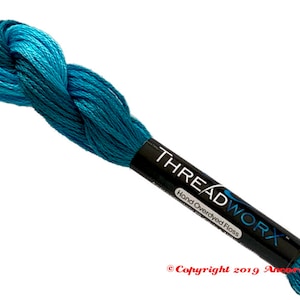 May include: A skein of teal blue hand-dyed floss with a black label that reads "THREADWORKX Hand Overdyed Floss" and "Copyright 2019 Ancora Crafts".