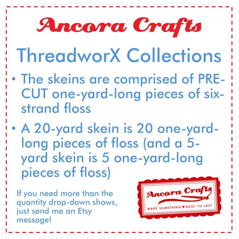 Puede incluir: Texto Ancora Crafts ThreadworX Collections con un logotipo rojo y blanco. El texto explica que los ovillos est&aacute;n compuestos por piezas precortadas de una yarda de largo, de hilo de seis hebras. Un ovillo de 20 yardas est&aacute; compuesto por 20 piezas de una yarda de largo y un ovillo de 5 yardas est&aacute; compuesto por 5 piezas de una yarda de largo.