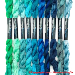 This Ocean Blue collection of ten ThreadworX embroidery threads are bright and deep repeating gradients in aquas, teals, and blues. These are used for cross stitch, embroidery, needlepoint, making friendship bracelets, and other crafts.
