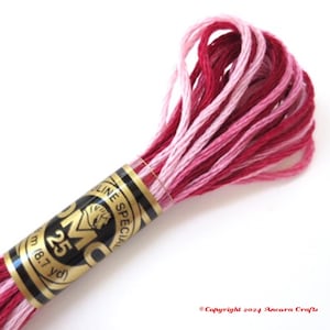 May include: A spool of DMC embroidery floss in shades of pink and red. The spool is labelled "DMC 25" and "Special Mouliné".