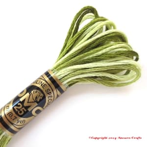 May include: DMC embroidery floss in shades of green and white. The floss is wound on a black and gold spool with the DMC logo and the number 25. The spool is labeled "Mouline Special" and "m (8.7 yd)".