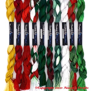 This Christmas collection of ten ThreadworX embroidery threads is a mix of variegated greens, reds, white, and gold, perfect for the holidays. These are used for cross stitch, embroidery, needlepoint, making friendship bracelets, and other crafts.