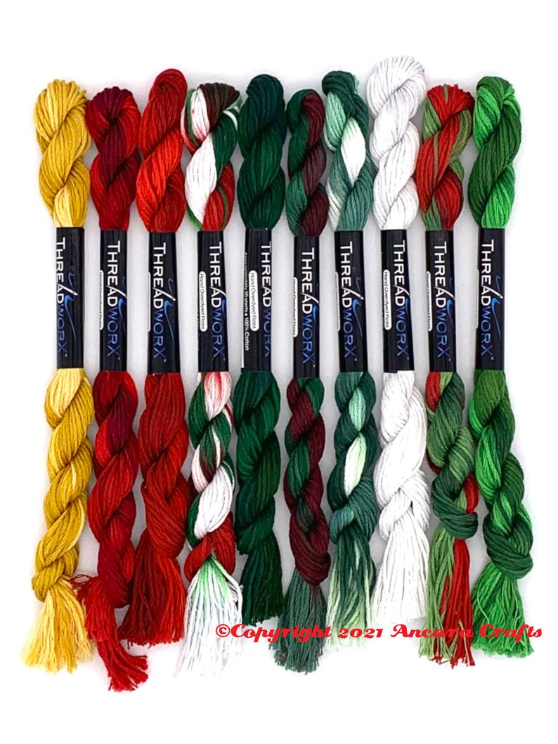 This Christmas collection of ten ThreadworX embroidery threads is a mix of variegated greens, reds, white, and gold, perfect for the holidays. These are used for cross stitch, embroidery, needlepoint, making friendship bracelets, and other crafts.