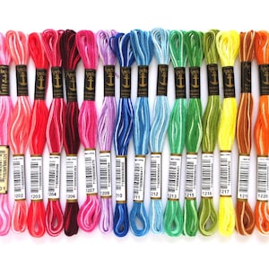The 16 Anchor Variegated Embroidery Floss Ombre threads have repeating gradients of colors spanning the color spectrum and are used for cross stitch, embroidery, needlepoint, making friendship bracelets, and other crafts.