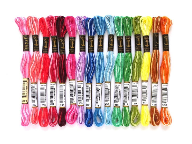 The 16 Anchor Variegated Embroidery Floss Ombre threads have repeating gradients of colors spanning the color spectrum and are used for cross stitch, embroidery, needlepoint, making friendship bracelets, and other crafts.