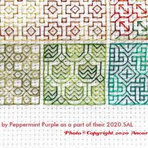 ThreadworX 1047 Variegated Embroidery Floss Tropical Green thread has a repeating gradient of tropical greens and is shown here stitched in a geometric blackwork embroidery pattern created by Peppermint Purple.