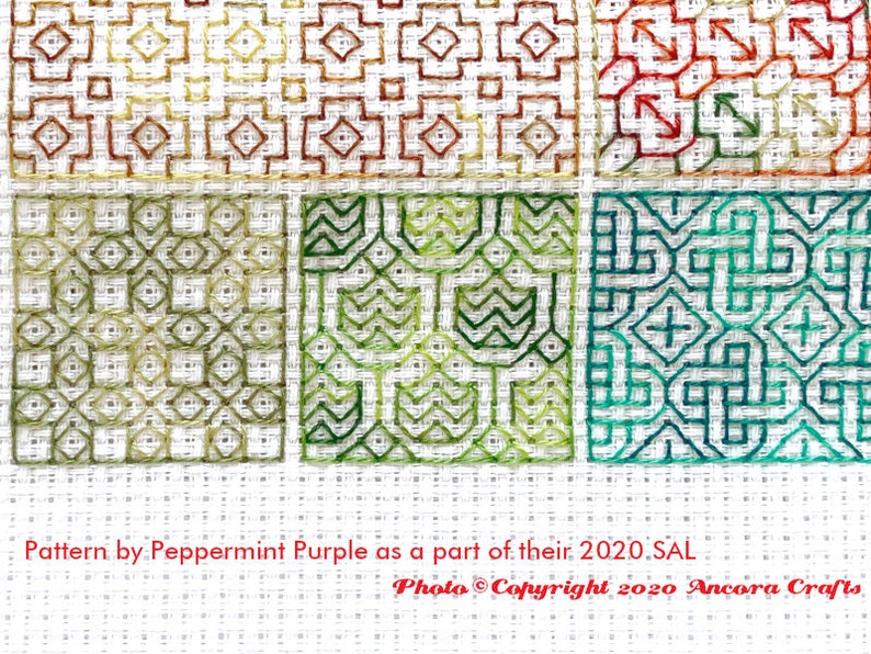 ThreadworX 1047 Variegated Embroidery Floss Tropical Green thread has a repeating gradient of tropical greens and is shown here stitched in a geometric blackwork embroidery pattern created by Peppermint Purple.