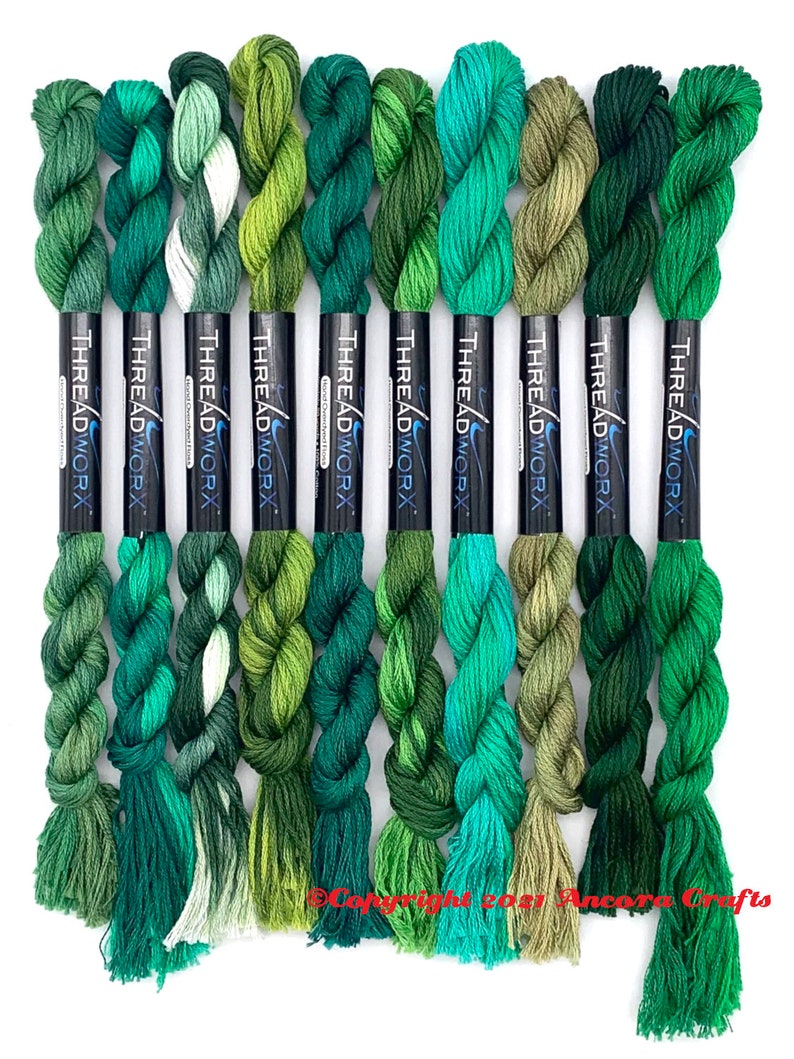 This collection of ten bright green ThreadworX embroidery threads have repeating gradients of greens varying from nearly aqua to olive green. These are used for cross stitch, embroidery, needlepoint, making friendship bracelets, and other crafts.