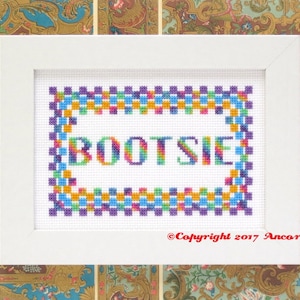 This ThreadworX 1154 rainbow embroidery floss is a gorgeous variegated blend of bright pink, orange, yellow, green, blue, and purple, and is shown here stitched in a project with lettering that reads Bootsie and in a geometric pattern border.