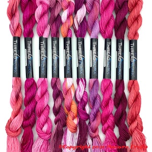 This collection of ten bright pink ThreadworX embroidery threads have repeating gradients of corals, light and dark pinks, and purple-pinks. These are used for cross stitch, embroidery, needlepoint, making friendship bracelets, and other crafts.