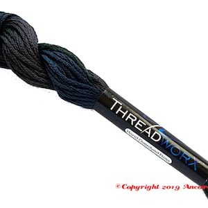 May include: A skein of dark green, blue, and black hand-dyed embroidery floss with the label "THREADWORK Hand Overdyed Floss" and the copyright information "Copyright 2019 Ankara Crafts".