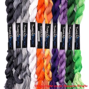 This Halloween collection of ten ThreadworX embroidery threads is a mix of greys, oranges, purples, and greens, perfect for spooky projects. These are used for cross stitch, embroidery, needlepoint, making friendship bracelets, and other crafts.