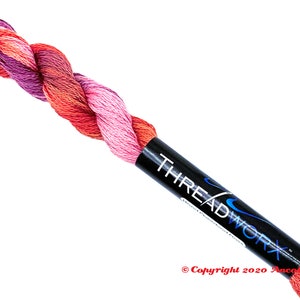 ThreadworX 1096 Variegated Embroidery Floss Renaissance thread has a repeating gradient of dark corals, pink, and red-purple and is used for cross stitch, embroidery, needlepoint, making friendship bracelets, and other crafts.
