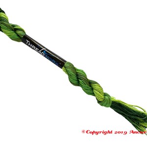 ThreadworX 1047 Variegated Embroidery Floss Tropical Green thread has a repeating gradient of tropical greens and is used for cross stitch, embroidery, needlepoint, making friendship bracelets, and other crafts.