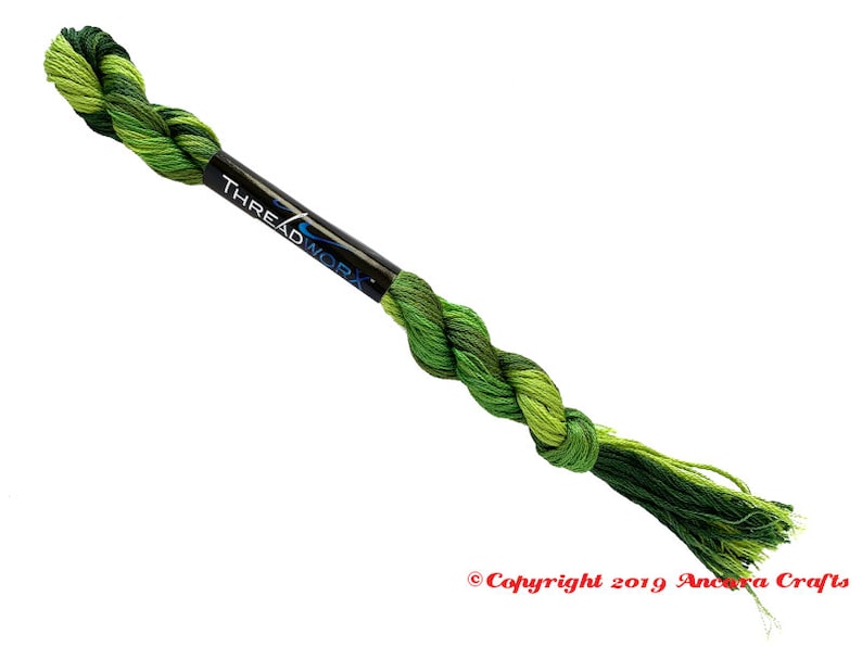 ThreadworX 1047 Variegated Embroidery Floss Tropical Green thread has a repeating gradient of tropical greens and is used for cross stitch, embroidery, needlepoint, making friendship bracelets, and other crafts.