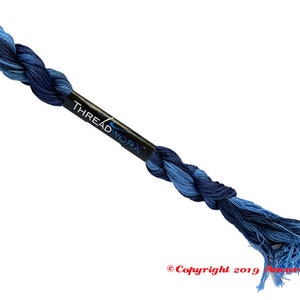 ThreadworX 1025 Variegated Embroidery Floss Blue Navy thread has a repeating gradient of medium to dark navy blues and is used for cross stitch, embroidery, needlepoint, making friendship bracelets, and other crafts.