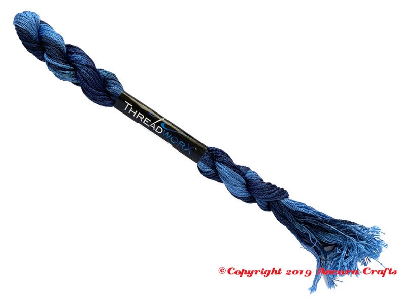 ThreadworX 1025 Variegated Embroidery Floss Blue Navy thread has a repeating gradient of medium to dark navy blues and is used for cross stitch, embroidery, needlepoint, making friendship bracelets, and other crafts.