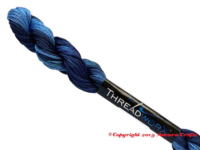 ThreadworX 1025 Variegated Embroidery Floss Blue Navy thread has a repeating gradient of medium to dark navy blues and is used for cross stitch, embroidery, needlepoint, making friendship bracelets, and other crafts.