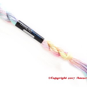 ThreadworX 10592 Variegated Rainbow Embroidery Floss Wildflowers thread has a gradient of pastel pink, orange, yellow, green, blue, and purple and is used for cross stitch, embroidery, needlepoint, making friendship bracelets, and other crafts.