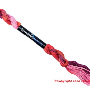 ThreadworX 1096 Variegated Embroidery Floss Renaissance thread has a repeating gradient of dark corals, pink, and red-purple and is used for cross stitch, embroidery, needlepoint, making friendship bracelets, and other crafts.