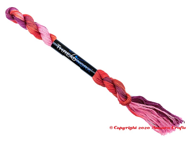 ThreadworX 1096 Variegated Embroidery Floss Renaissance thread has a repeating gradient of dark corals, pink, and red-purple and is used for cross stitch, embroidery, needlepoint, making friendship bracelets, and other crafts.