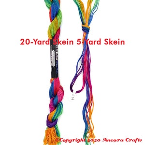 A 20 yard skein of ThreadworX is shown on the left while my 5 yard skein of ThreadworX is shown on the right. The 20 yard skein has a paper label wrapped around the skein while a 5 yard skein is hand separated from the 20 yard skein.