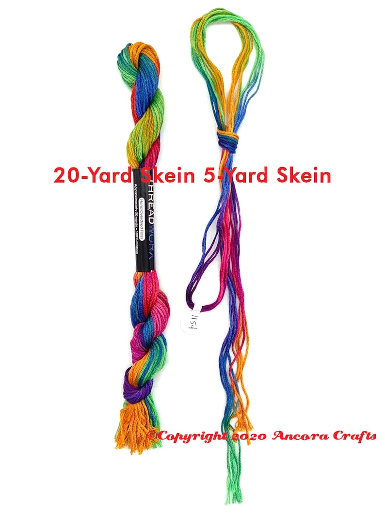 A 20 yard skein of ThreadworX is shown on the left while my 5 yard skein of ThreadworX is shown on the right. The 20 yard skein has a paper label wrapped around the skein while a 5 yard skein is hand separated from the 20 yard skein.