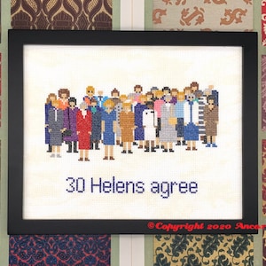 Pode incluir: Um desenho de ponto cruz emoldurado com um grupo de 30 pessoas com o texto "30 Helens agree" e um aviso de direitos autorais na parte inferior.