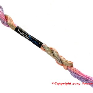 ThreadworX 1149 Variegated Rainbow Embroidery Floss Rainbow Fairy thread has a repeating gradient of soft pink, orange, green, and blue-purple, and is used for cross stitch, embroidery, needlepoint, making friendship bracelets, and other crafts.