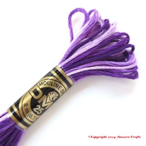 May include: A skein of DMC embroidery floss in a purple and white ombre colorway. The floss is wound around a black and gold spool with the DMC logo and the text "Mouline Special 8 m (8.7 yd) 25".